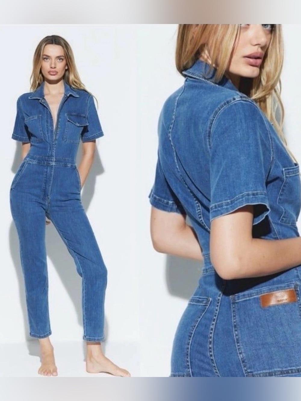 Rivet Utility Rebel Denim Jumpsuit XXS Blue Short Sleeve Zip Front Stretch